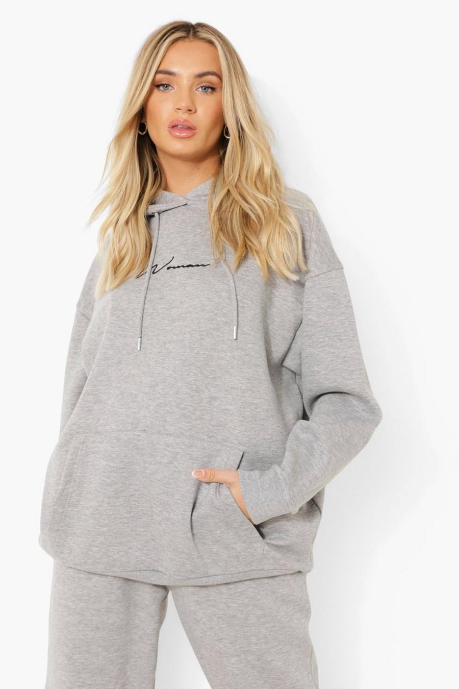 Grey marl Woman Script Oversize hoodie med brodyr image number 1