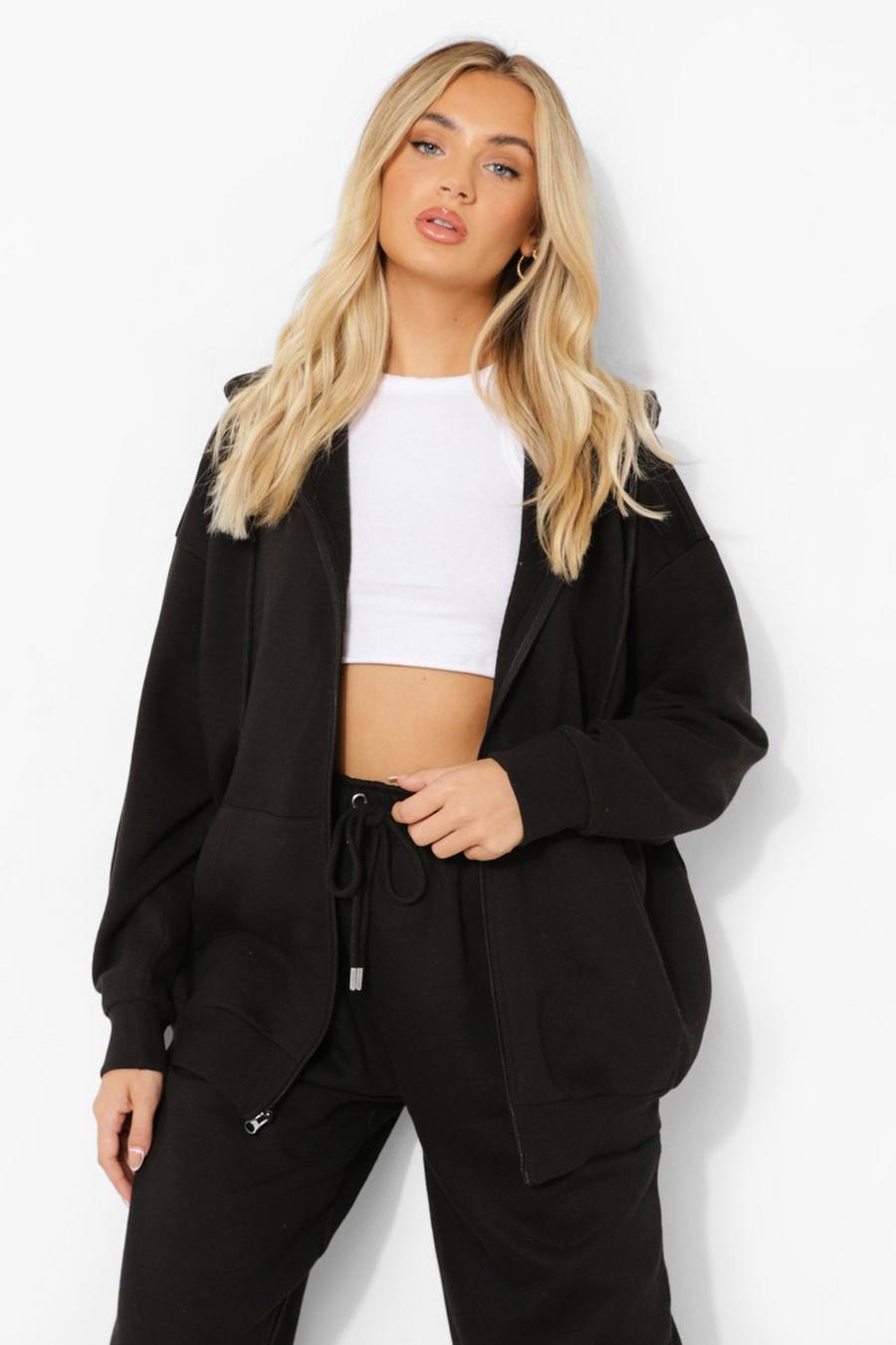 Black Basic Oversize hoodie med dragkedja image number 1