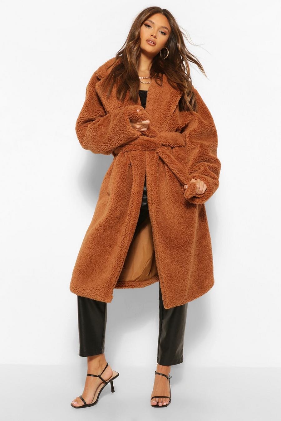 Chocolate Faux Teddy Fur Belted Coat image number 1