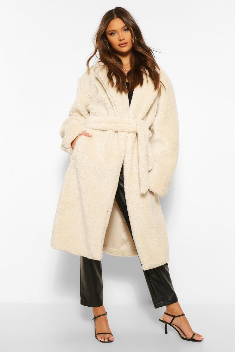 Cream Faux Teddy Fur Belted Coat image number 1