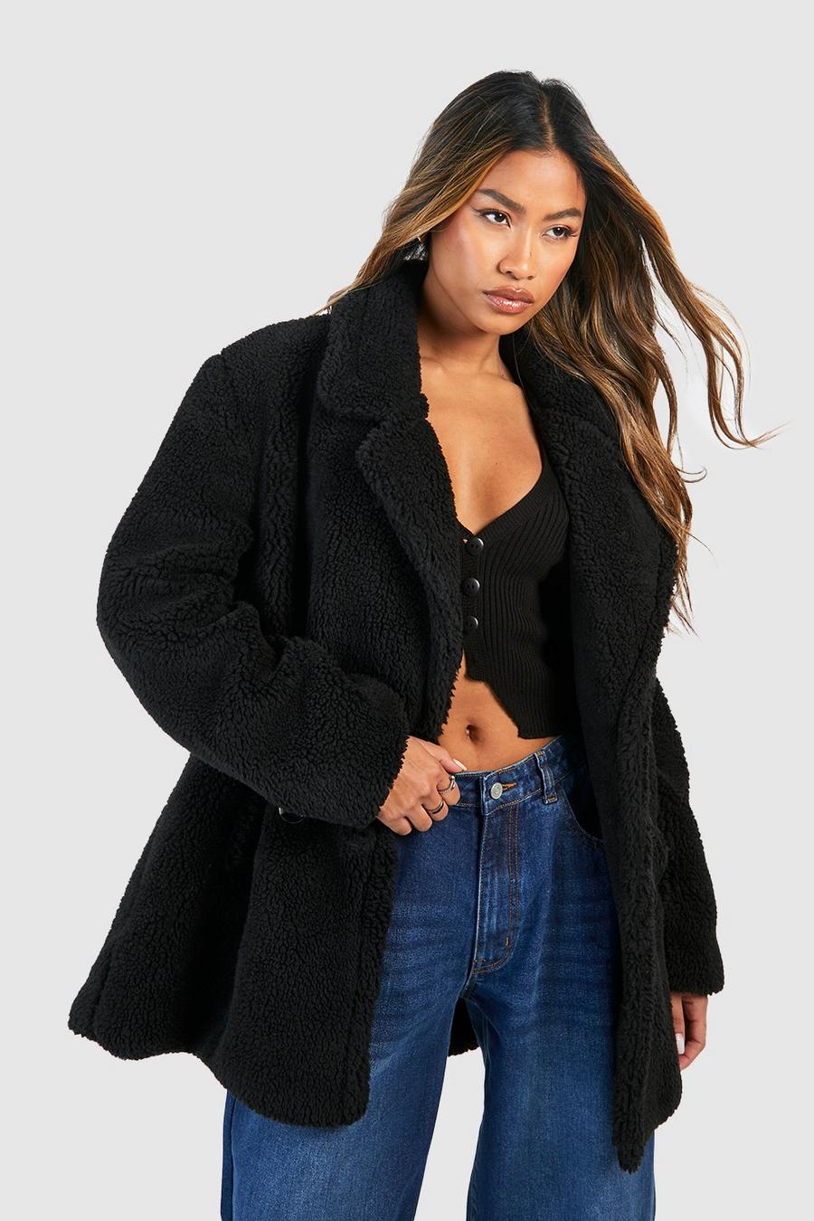 Black Double Breasted Faux Teddy Fur Coat image number 1