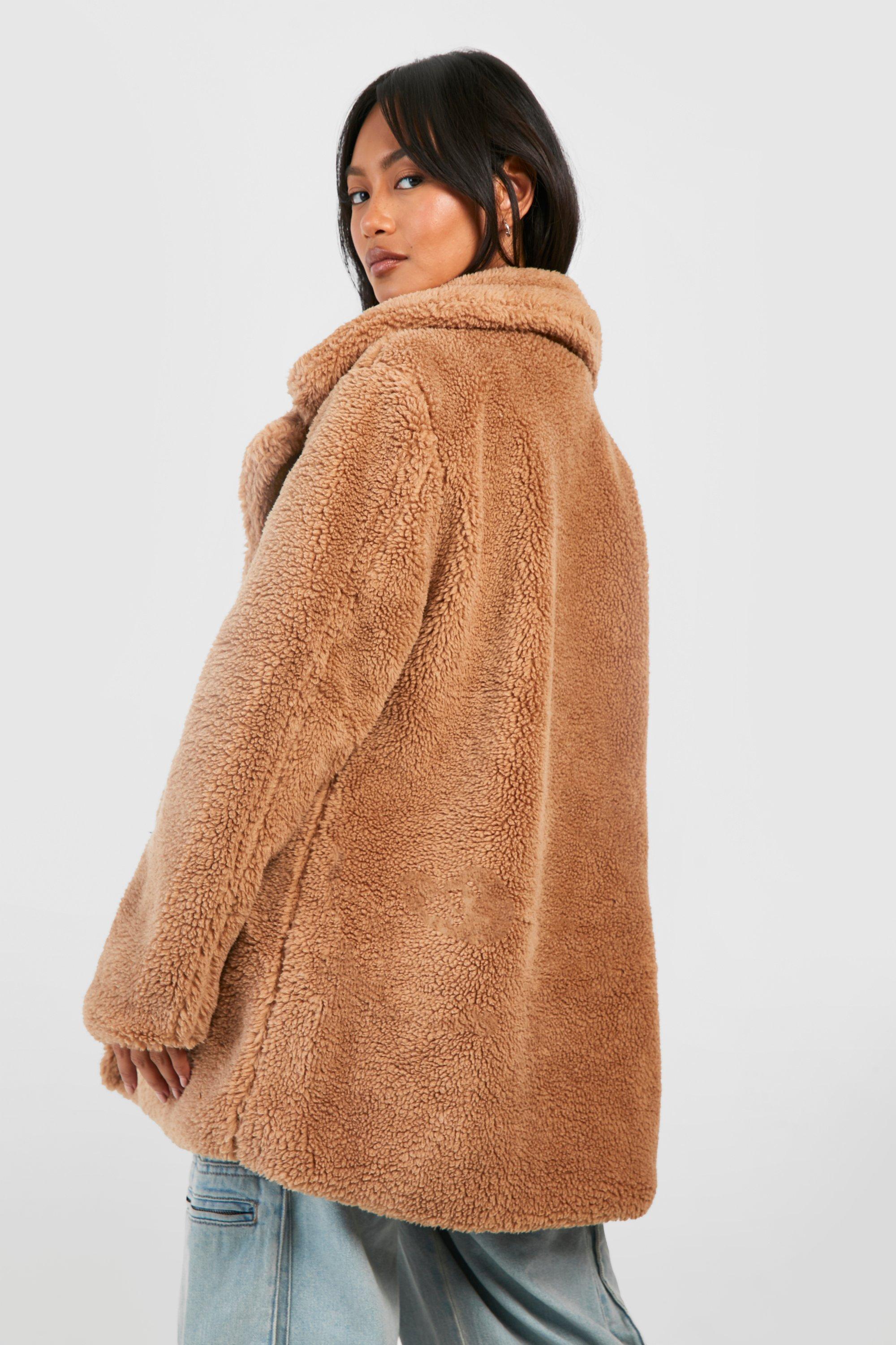 boohoo Double Breasted Faux Fur Coat - Brown - Size 10