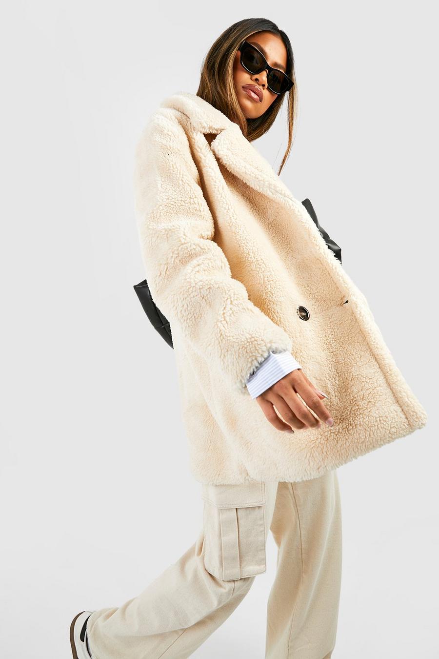 Stone beis Double Breasted Faux Teddy Fur Coat