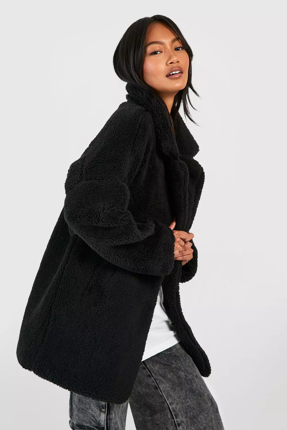 Black Button Through Teddy Faux Fur Coat alternative image