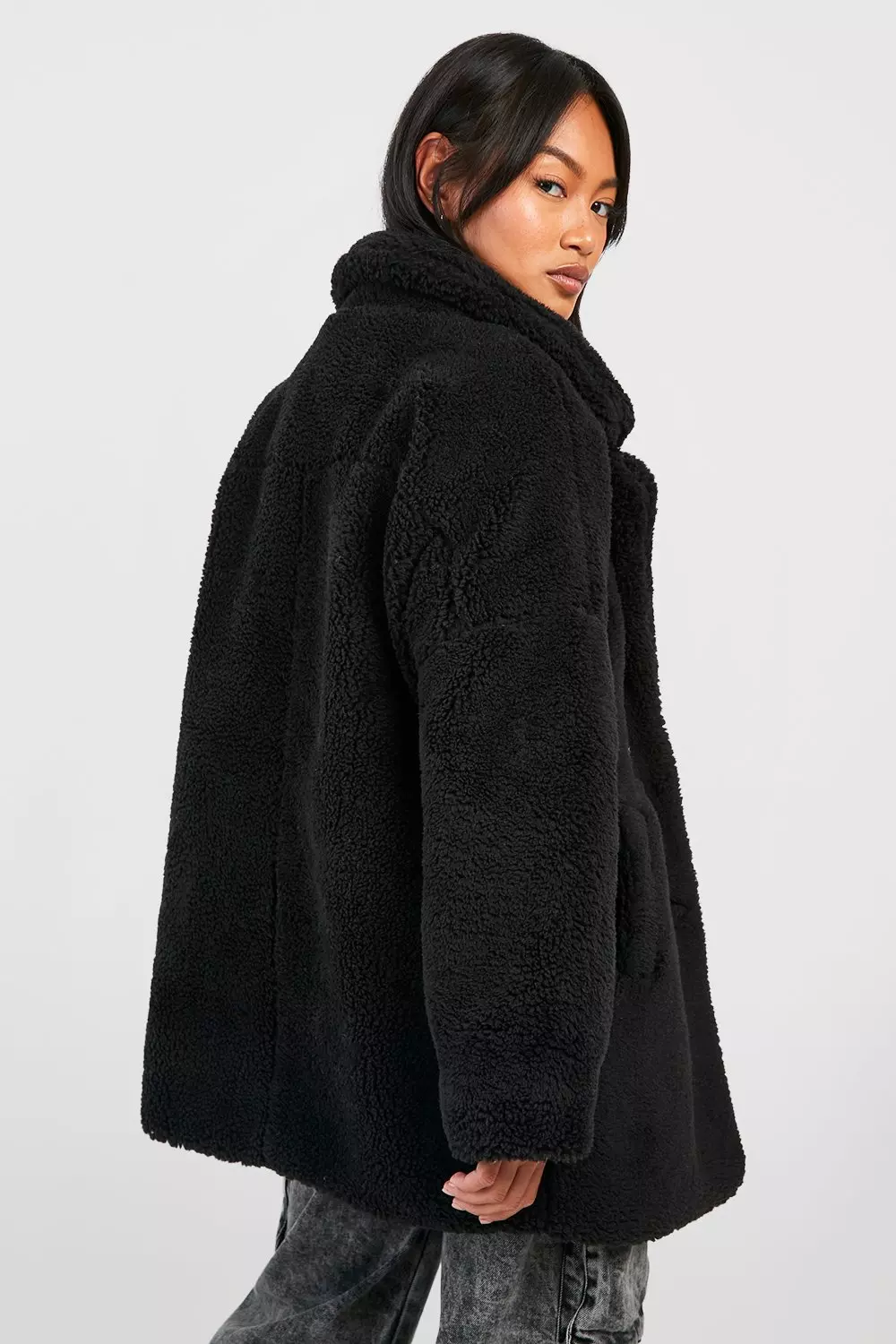 Black Button Through Teddy Faux Fur Coat alternative image