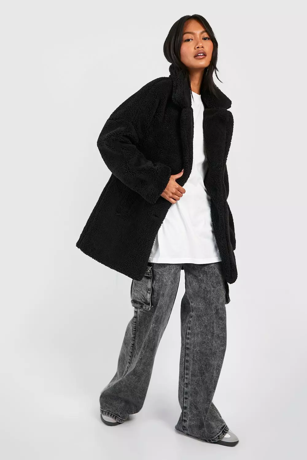 Black Button Through Teddy Faux Fur Coat alternative image