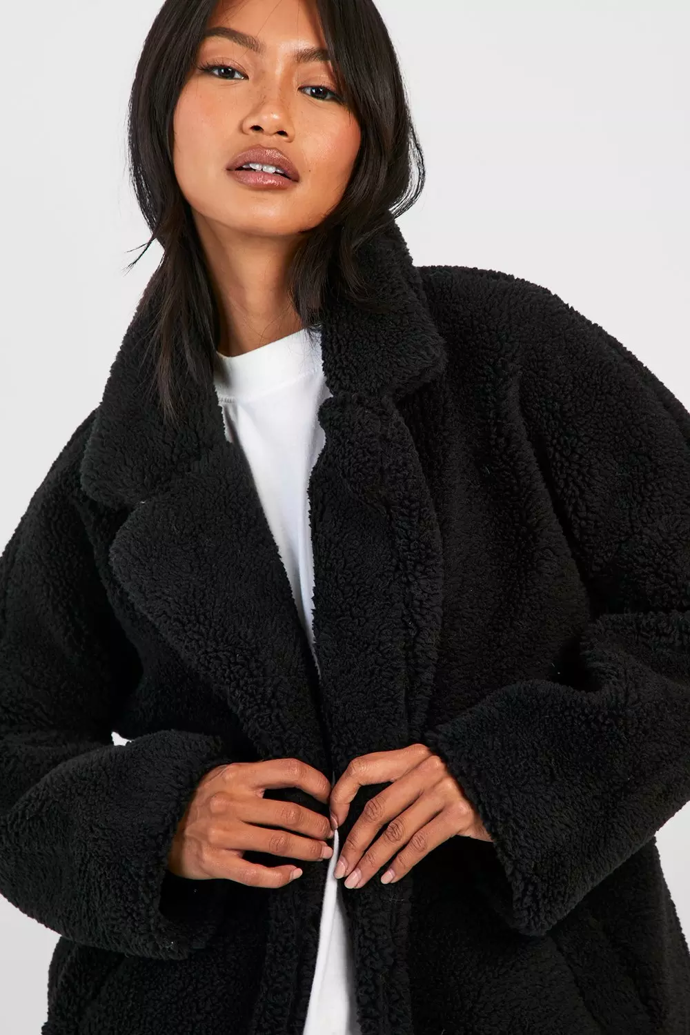 Black Button Through Teddy Faux Fur Coat alternative image