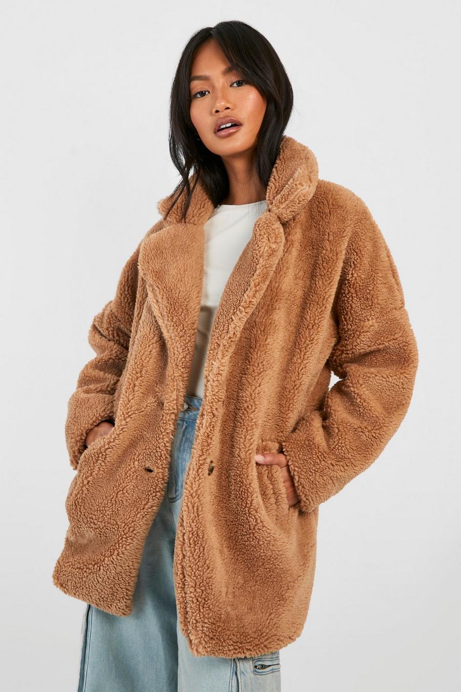 Camel Button Through Teddy Faux Fur Coat image number 1