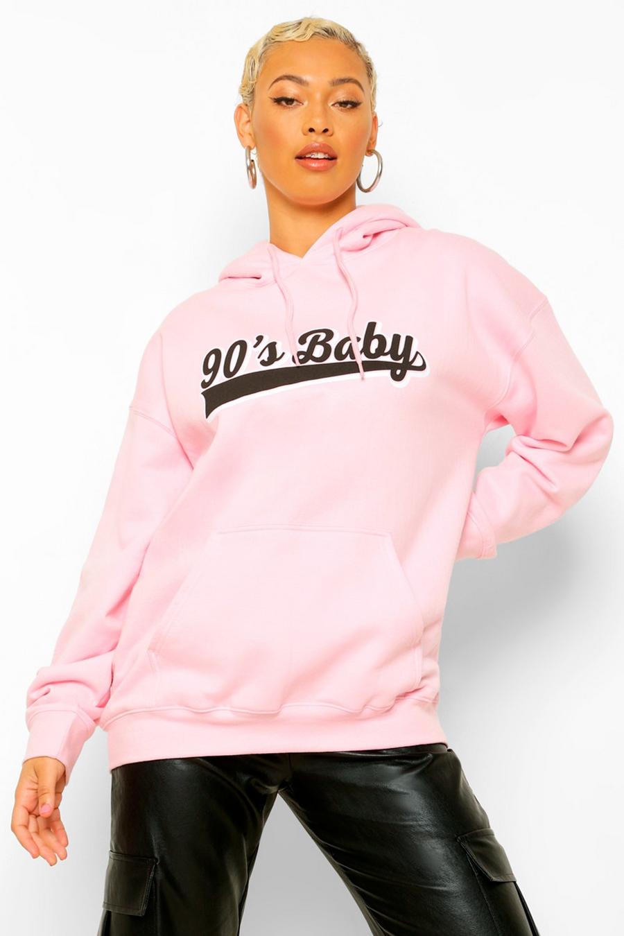 Pale pink "90s Baby" Hoodie med slogan image number 1