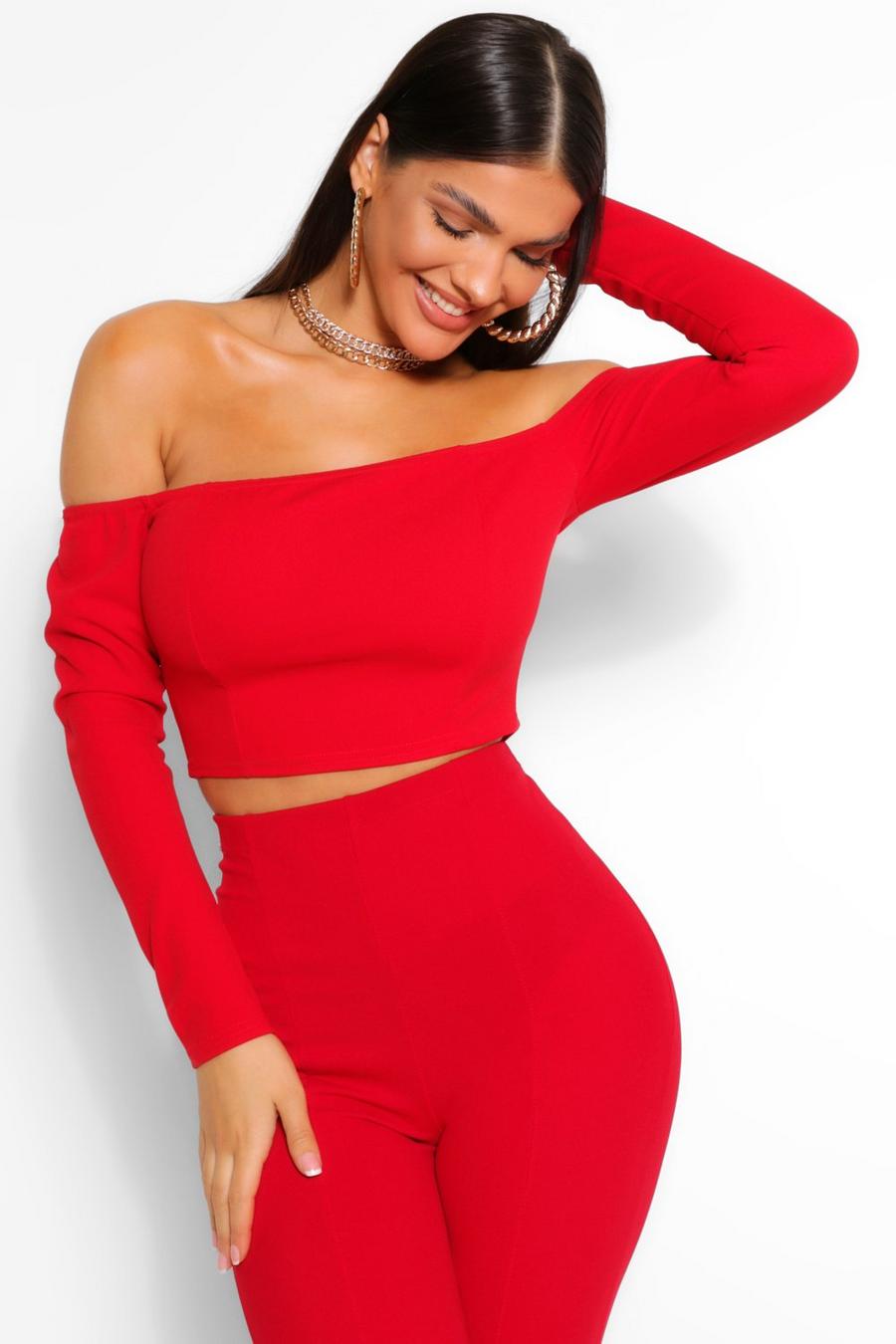 Red BARDOT LONG SLEEVE CORSET TOP image number 1