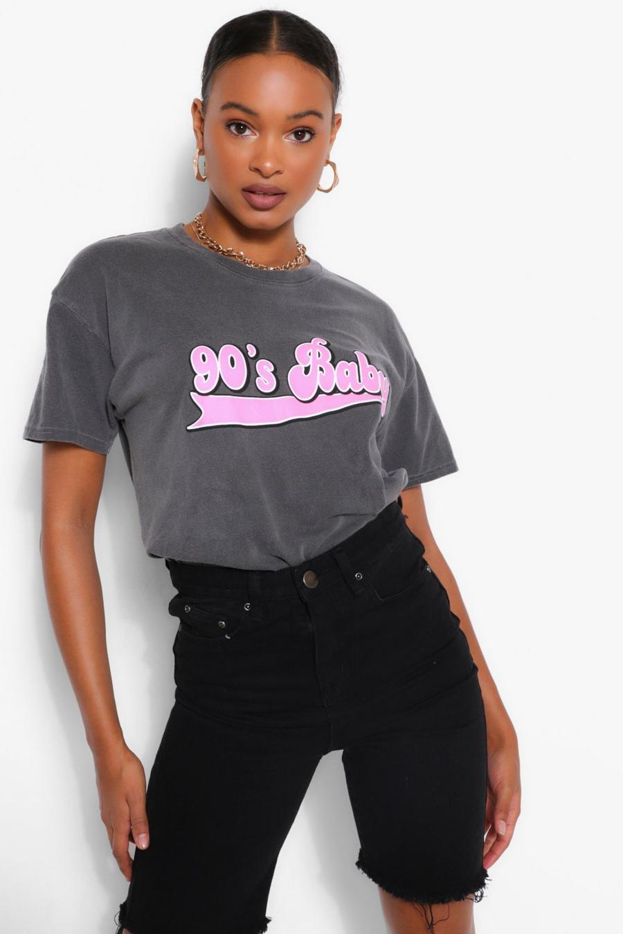 Charcoal "90's Baby" T-shirt med tvättad effekt och slogan image number 1