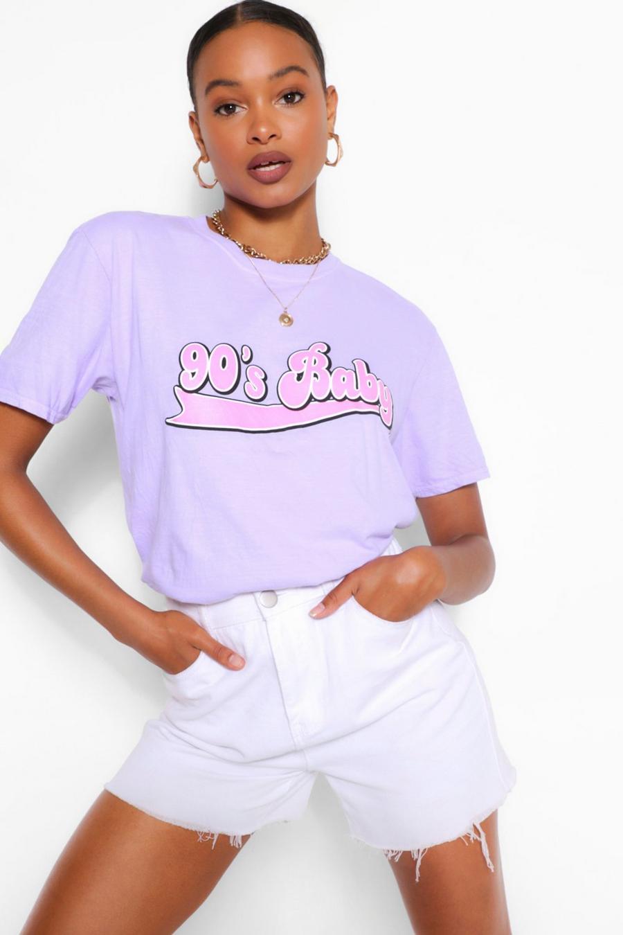 Lilac "90's Baby" T-shirt med tvättad effekt och slogan image number 1
