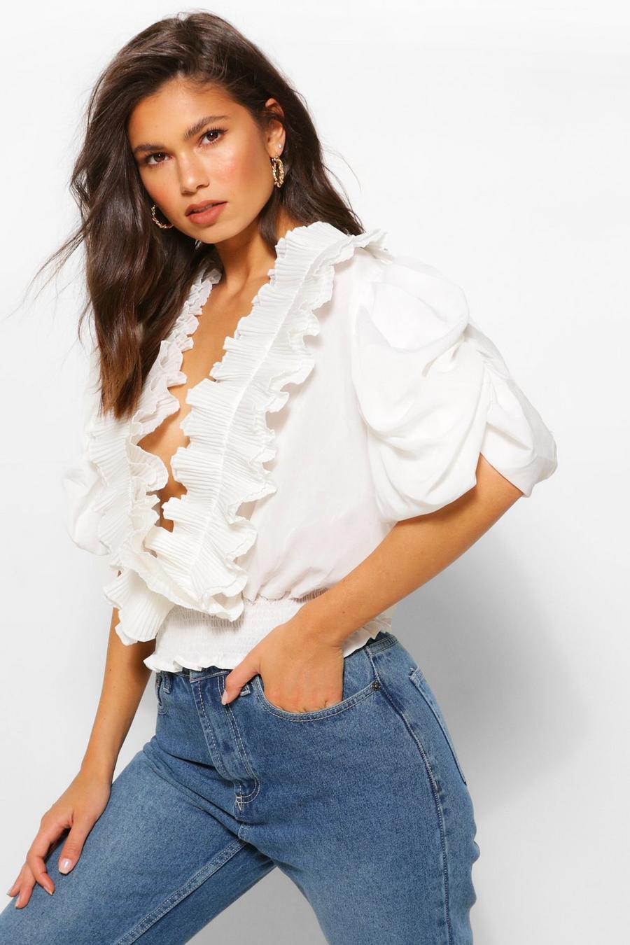 PUFF SLEEVE EXTREME RUFFLE FRONT BLOUSE image number 1