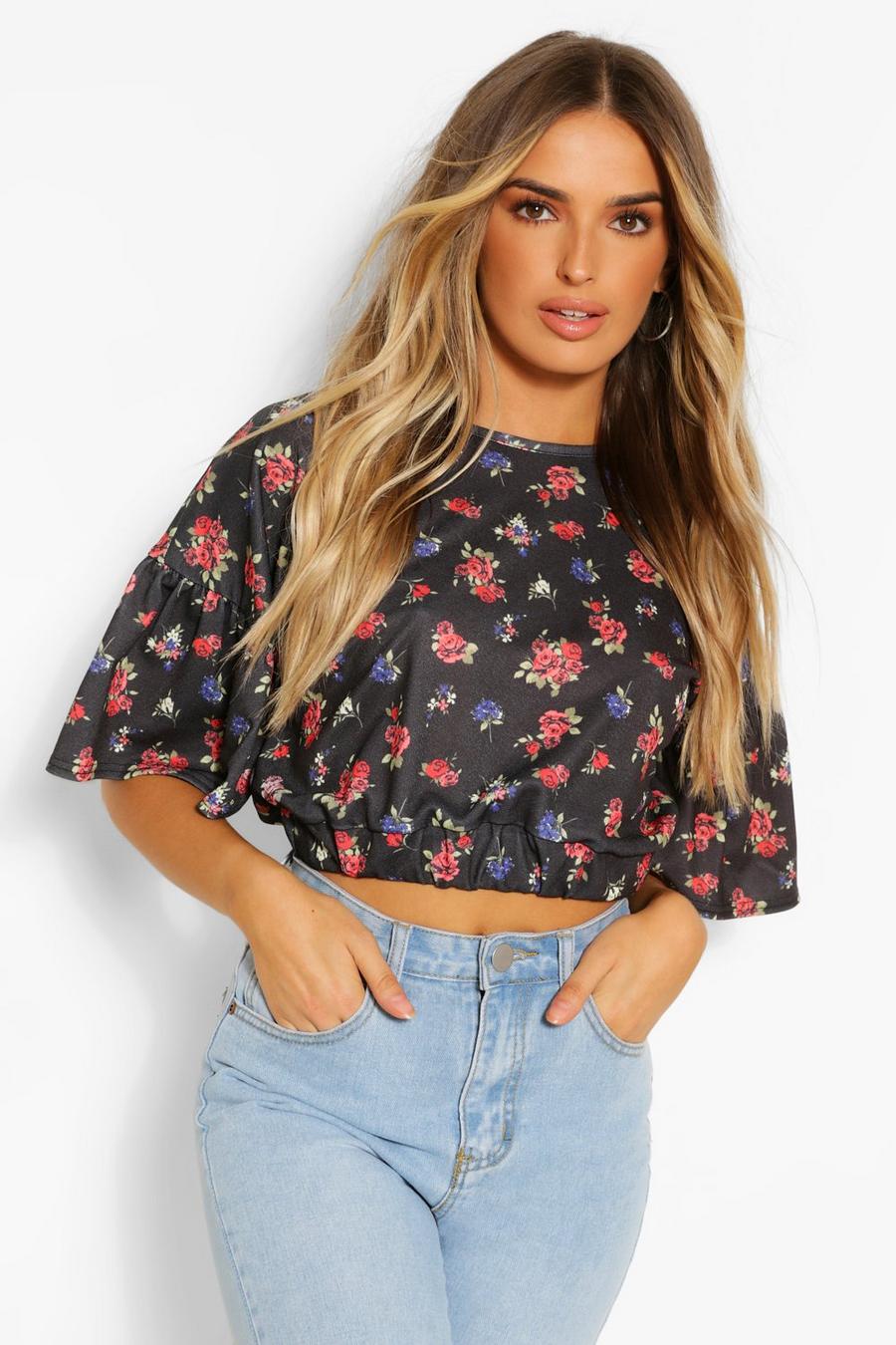 Ditsy Floral Ruffle Sleeve Tie Neck Top image number 1