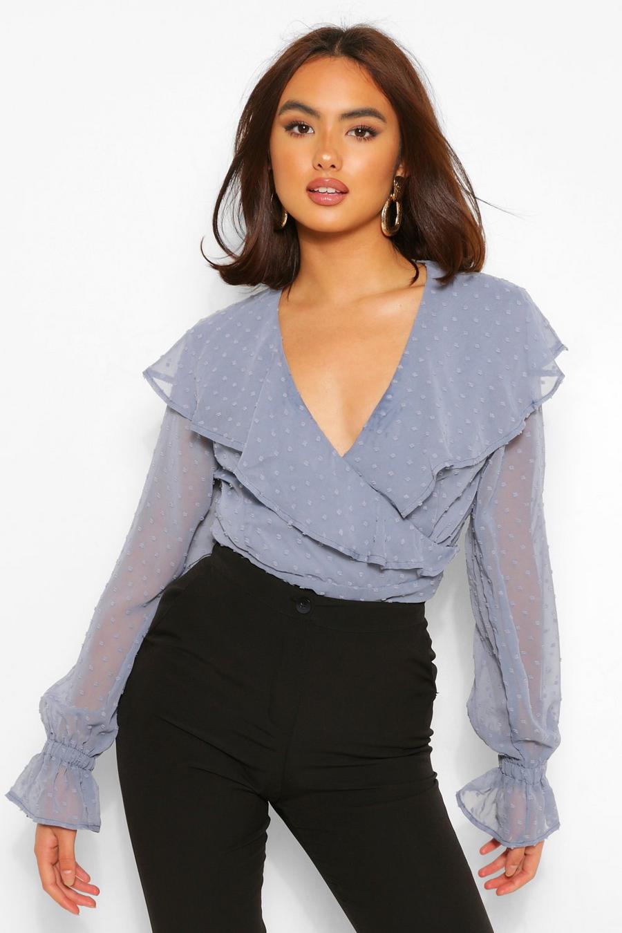 Blue Dobby woven ruffle wrap blouse image number 1
