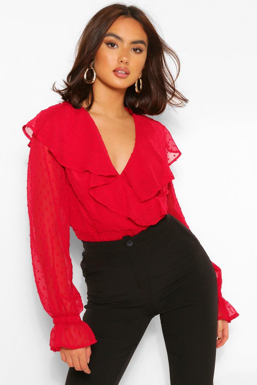 Rood Geweven Dobby Wikkel Blouse Met Ruches image number 1
