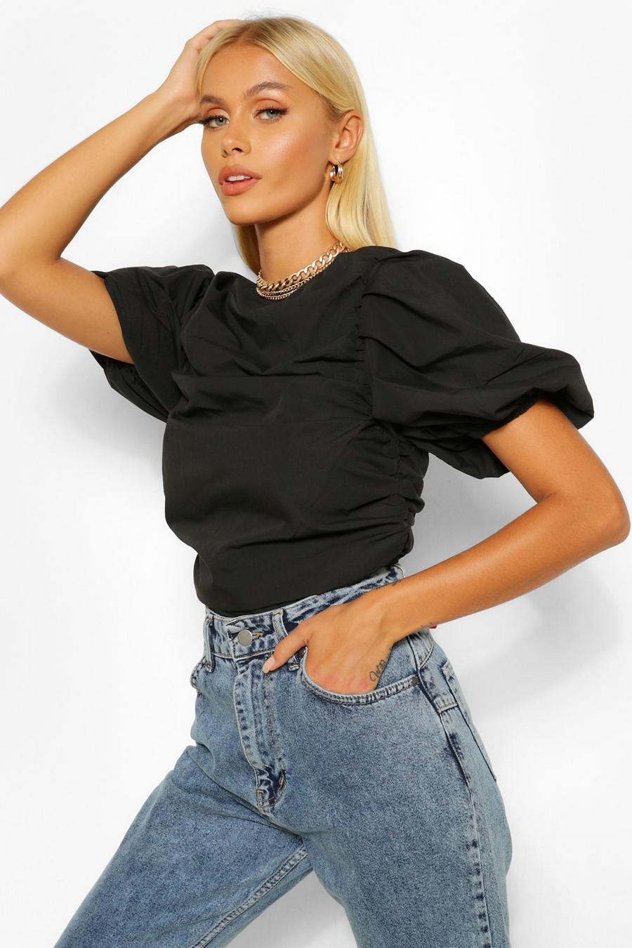 Black Woven ruched puff sleeve crop top image number 1
