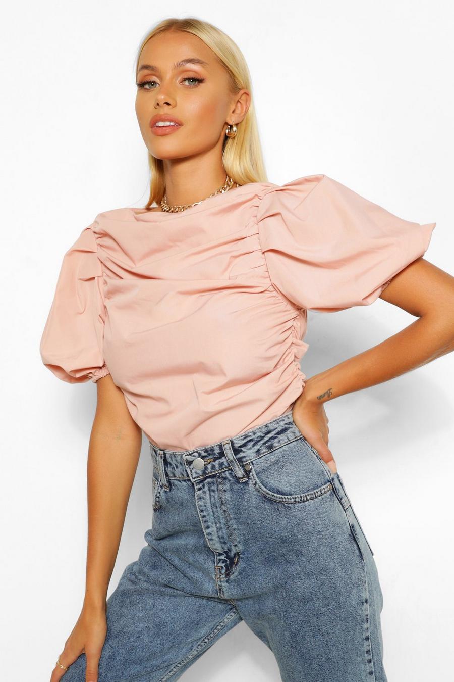 Blush Woven ruched puff sleeve crop top image number 1