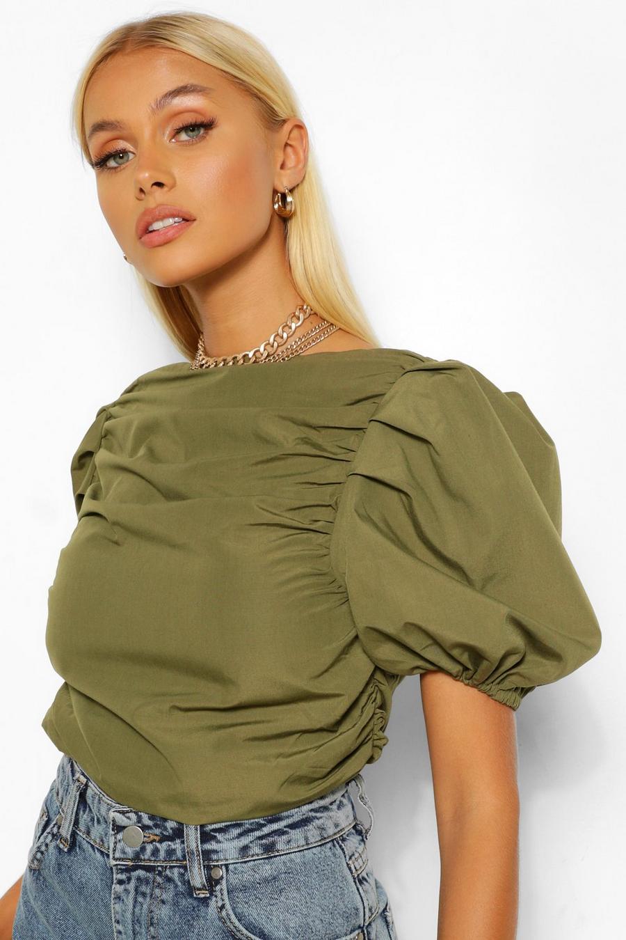 Khaki Woven ruched puff sleeve crop top image number 1