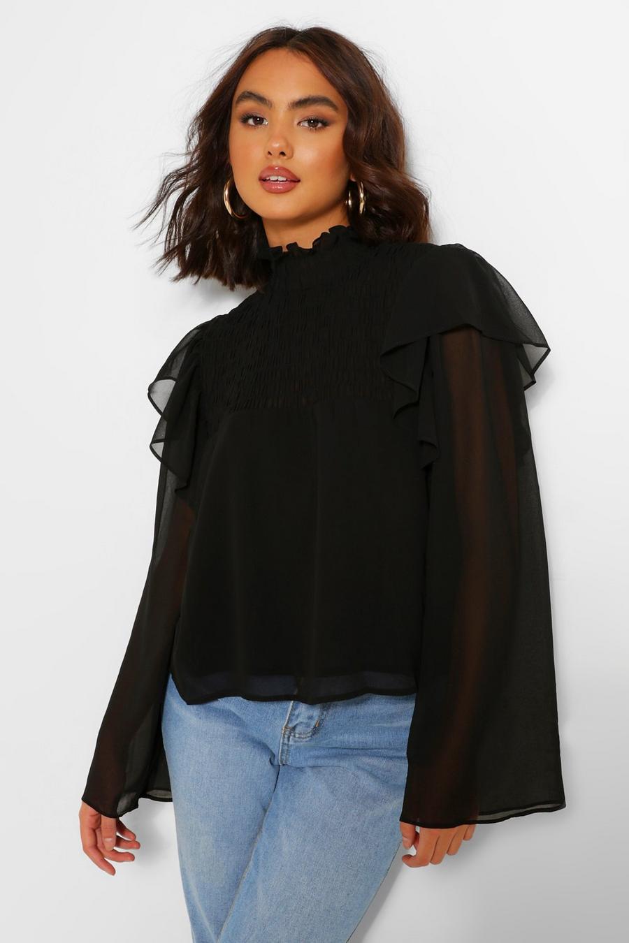 Black Woven shirred ruffle high neck blouse image number 1