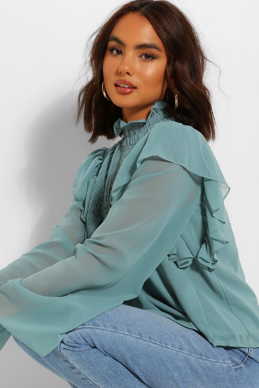 Sage Woven shirred ruffle high neck blouse image number 1