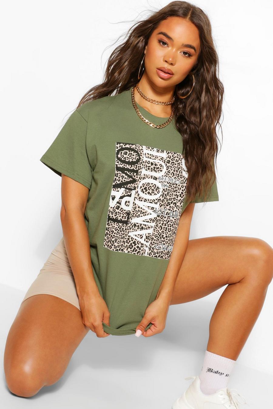 T-shirt leopardata a blocchi di colore con scritta, Kaki image number 1