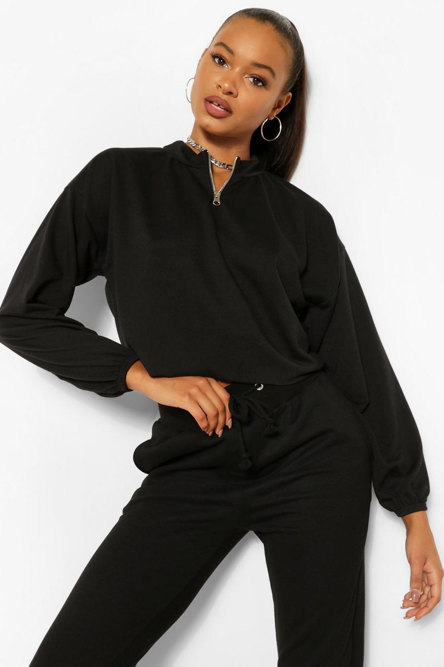 Suéter corto elástico con media cremallera, Negro image number 1
