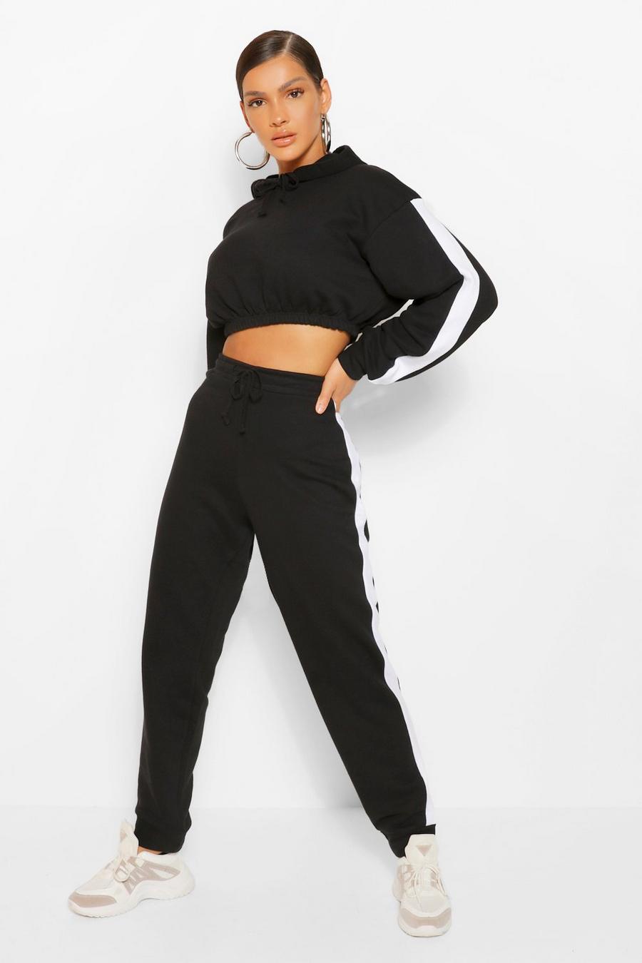 Black Contrast Panelled Crop Hooded Tracksuit image number 1