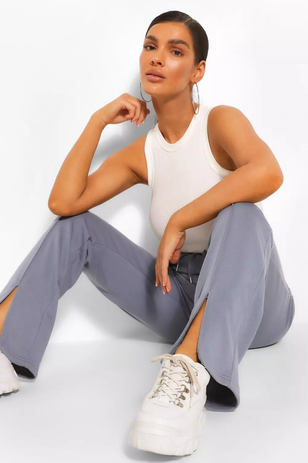 Womens Straight Leg Split Hem Joggers - Grey - 10, Grey from Boohoo on 21  Buttons