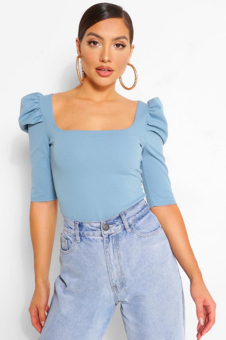 Blue Crepe puff sleeve square neck top image number 1