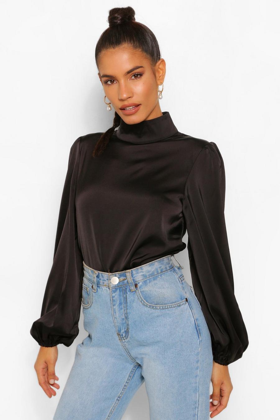 Black Satin high neck blouse image number 1