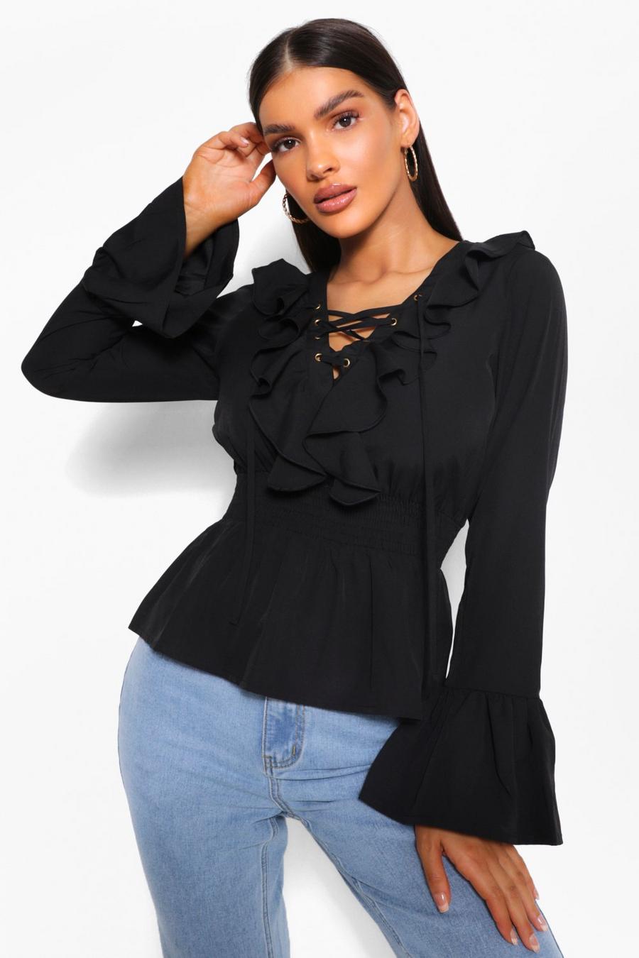 Black Woven Lace Up Peplum Top image number 1