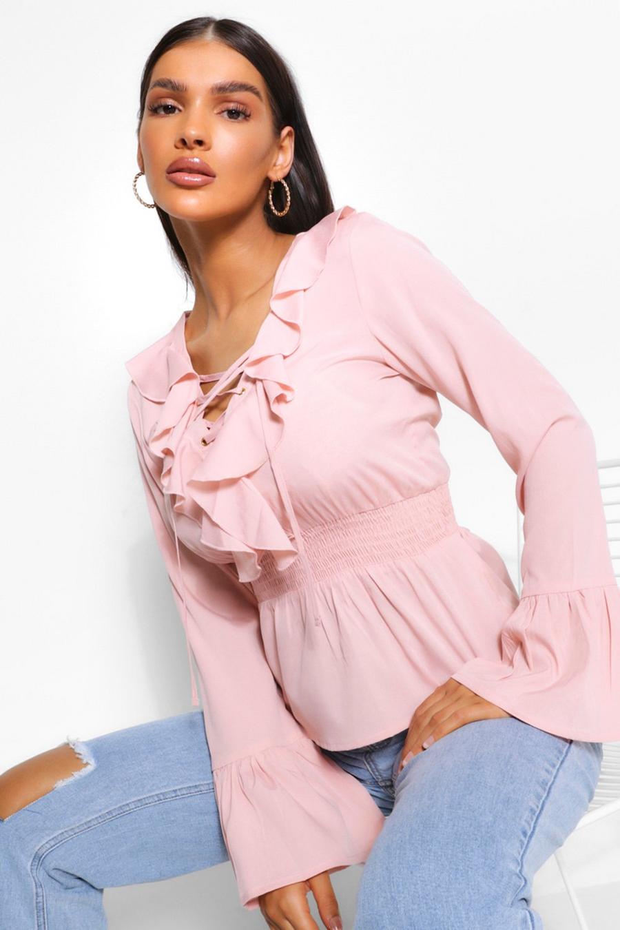 Blush Woven Lace Up Peplum Top image number 1