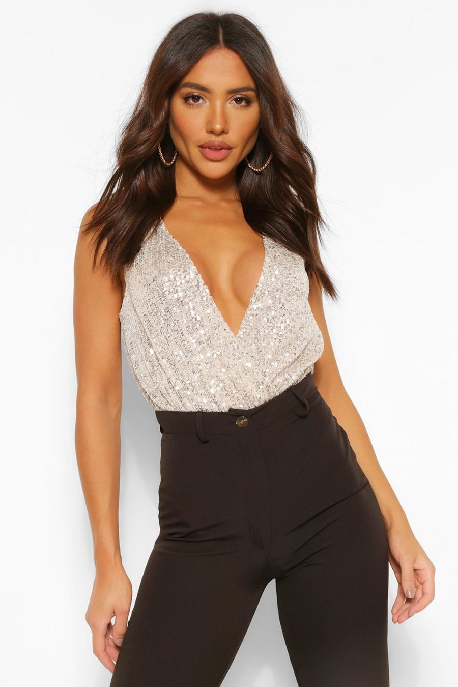 Silver Sequin Wrap Sleeveless Bodysuit image number 1
