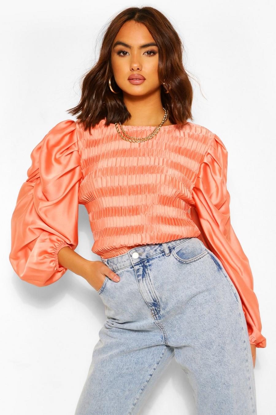 Coral Shirred Satin Puff Sleeve Top image number 1