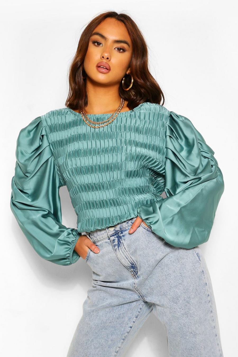 Teal Shirred Satin Puff Sleeve Top image number 1