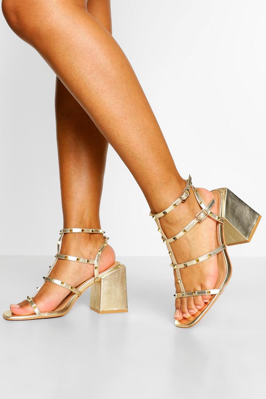 Gold Wide Fit Stud Detail Strappy Block Heels image number 1