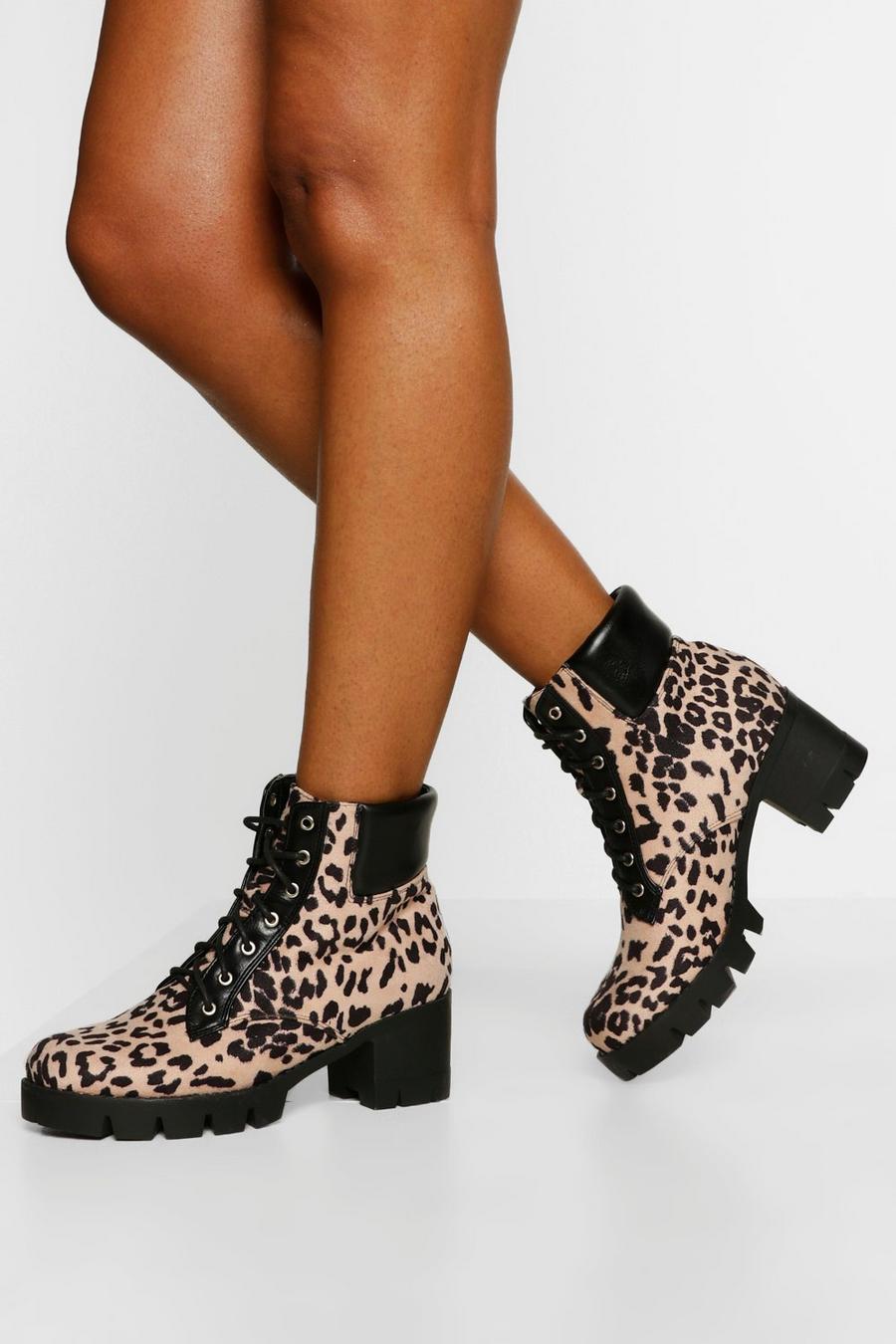 Leopard Wide Fit Block Heel Hiker Boots image number 1