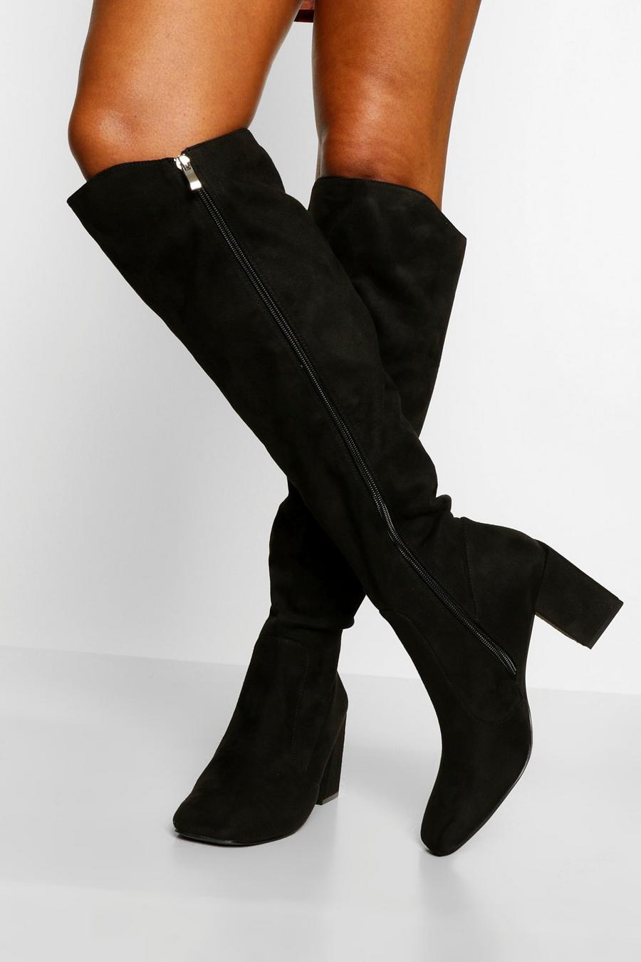 Black svart Block Heel Round Toe Knee High Boots image number 1