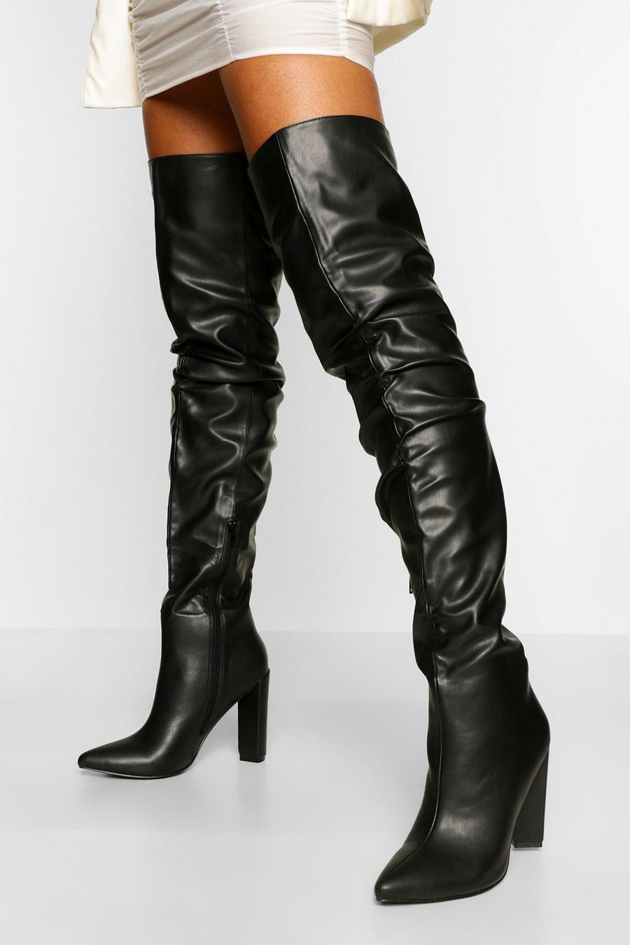 Black Slouched Block Heel Over The Knee High Boots image number 1
