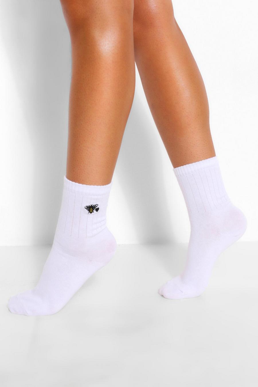 White Bee and Heart Embroidered Sports Sock image number 1