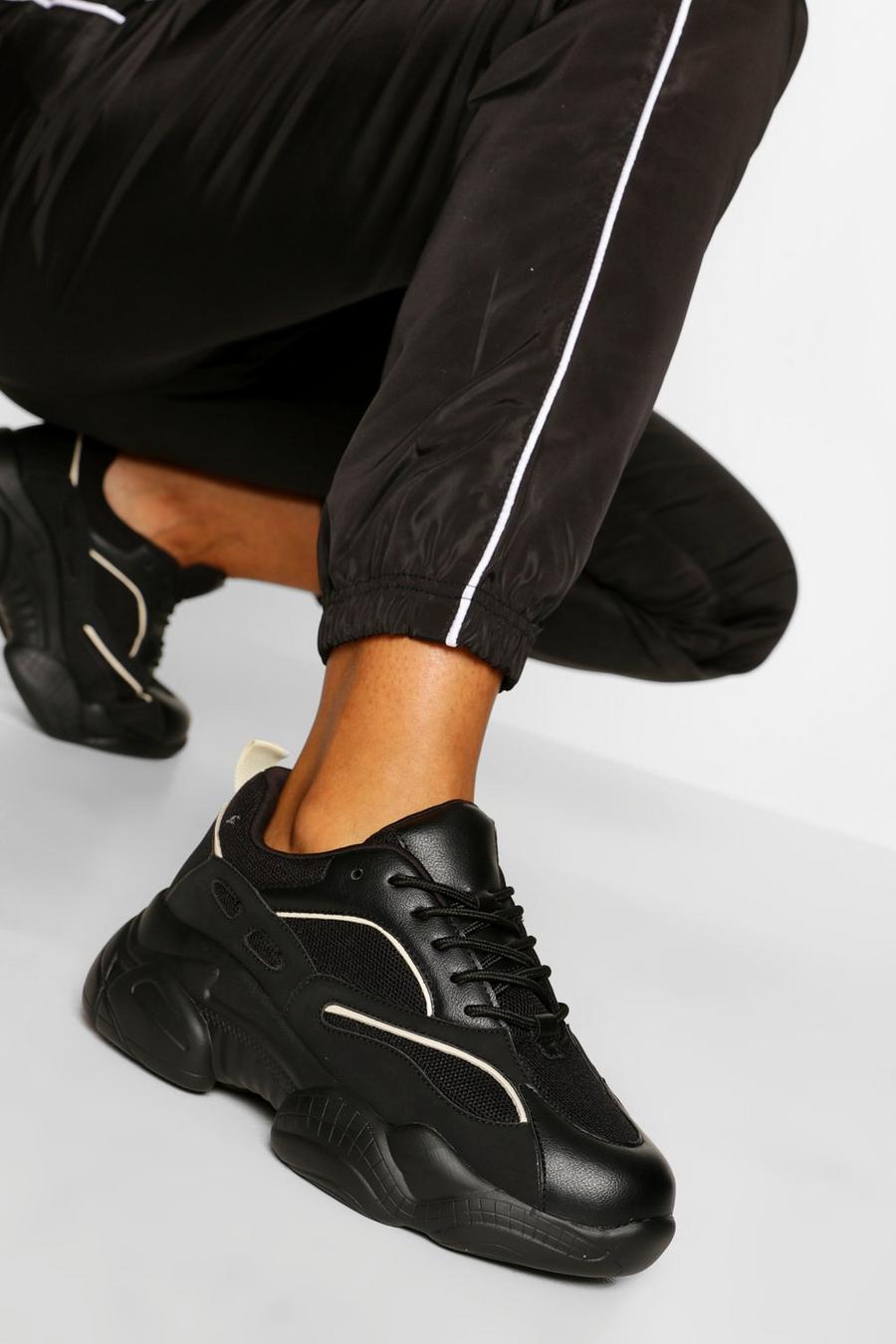 Black svart Contrast Piping Chunky Trainers image number 1