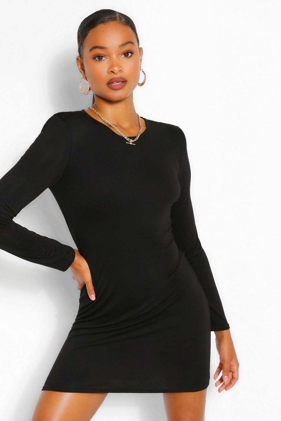 Black Padded Shoulder Long Sleeve T-Shirt Dress image number 1