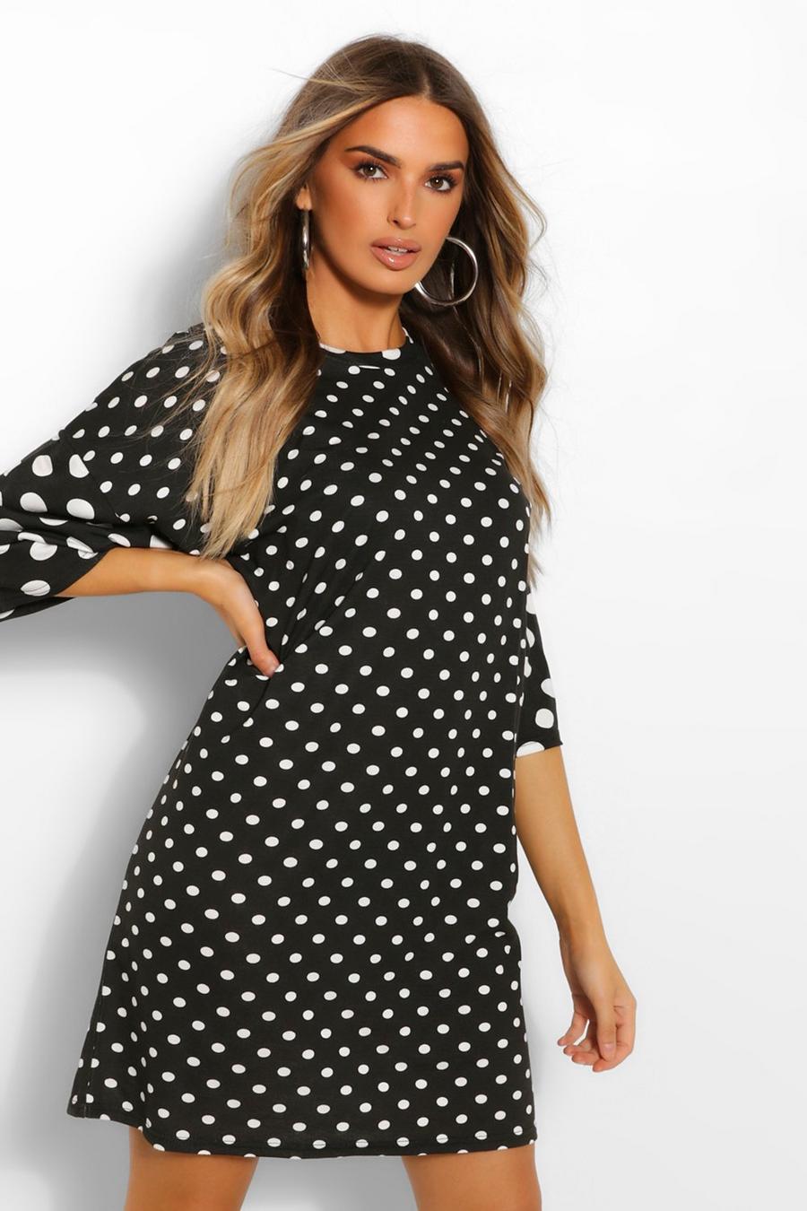 Black Polka Dot Over Sized T-Shirt Dress image number 1