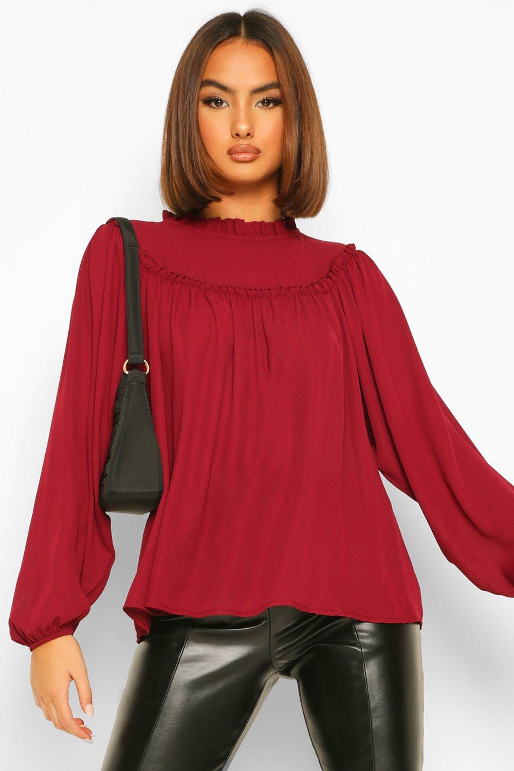 High Neck Ruffle Oversized Smock Blouse boohoo