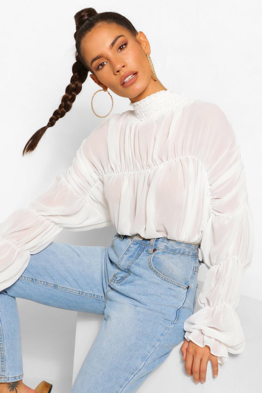 White Statement Ruched Chiffon Blouse image number 1