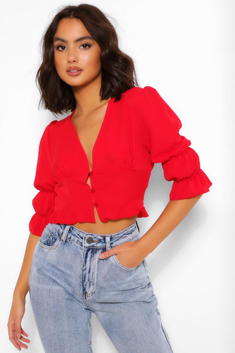 Red Statement Sleeve Crop Blouse image number 1