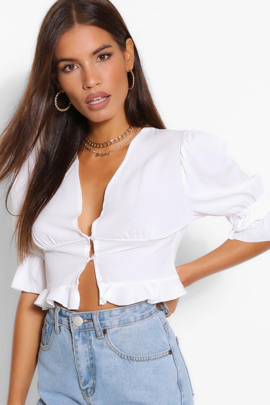 White Statement Sleeve Crop Blouse image number 1