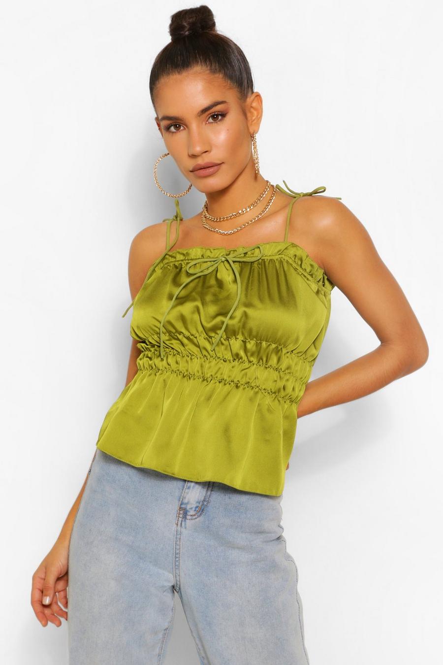 Olive Hammered Satin Ruched Camisole Tan 10 image number 1