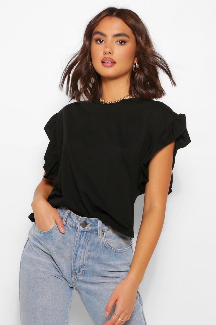 Black Ruffle Sleeve Jersey Knit Tee image number 1